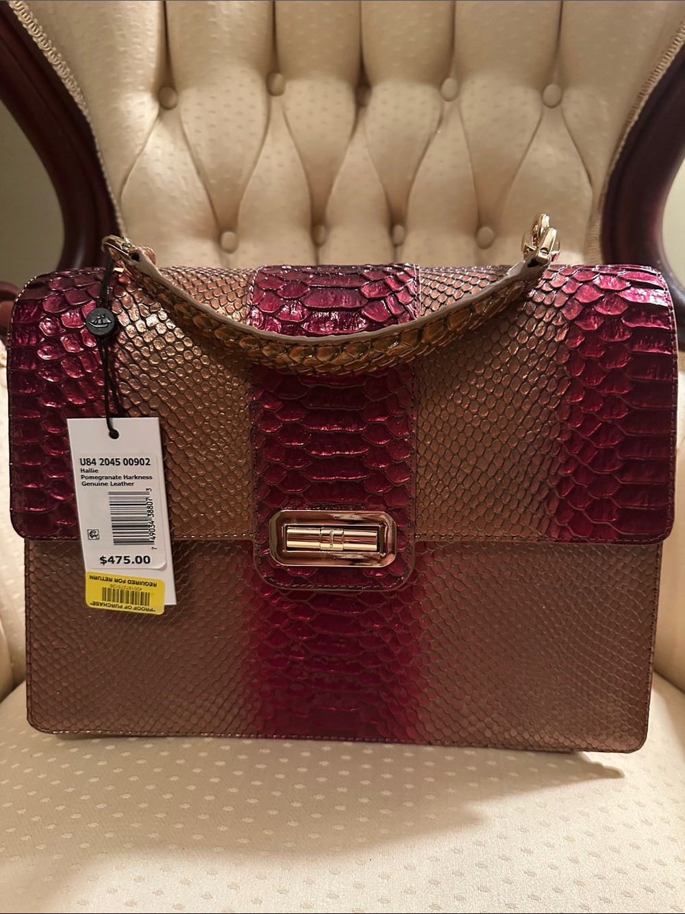 Effortless Python-Embossed Satchel & Wallet Set in Burgundy and Gold - Picture 2 of 3